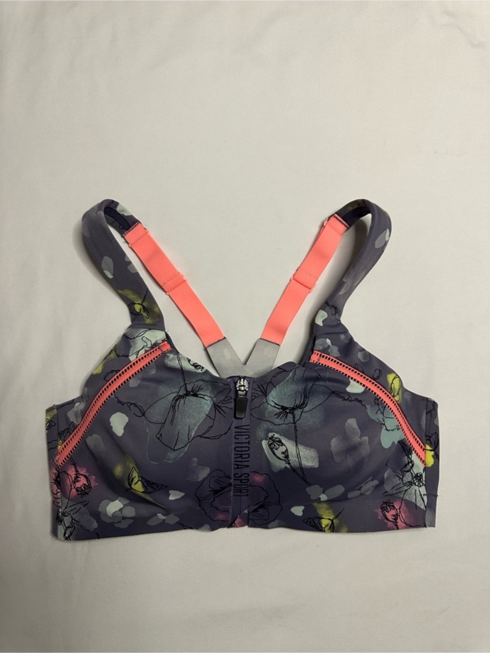 Victoria's Secret PINK sports bra floral print in gray and pink, unzip & unsnap